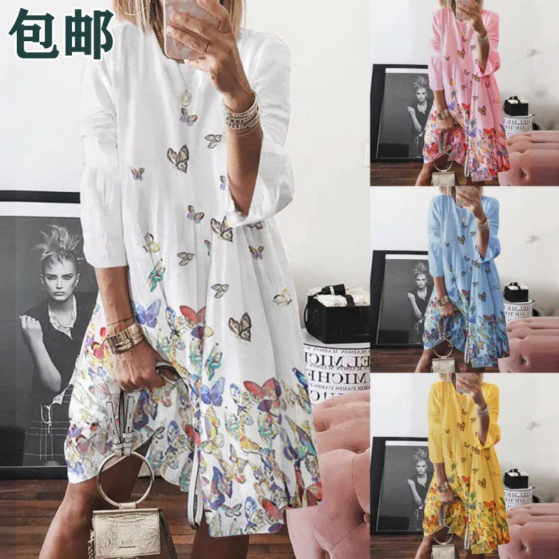 

Women's casual sexy dress Women's fashion vintage print O-neck print dress