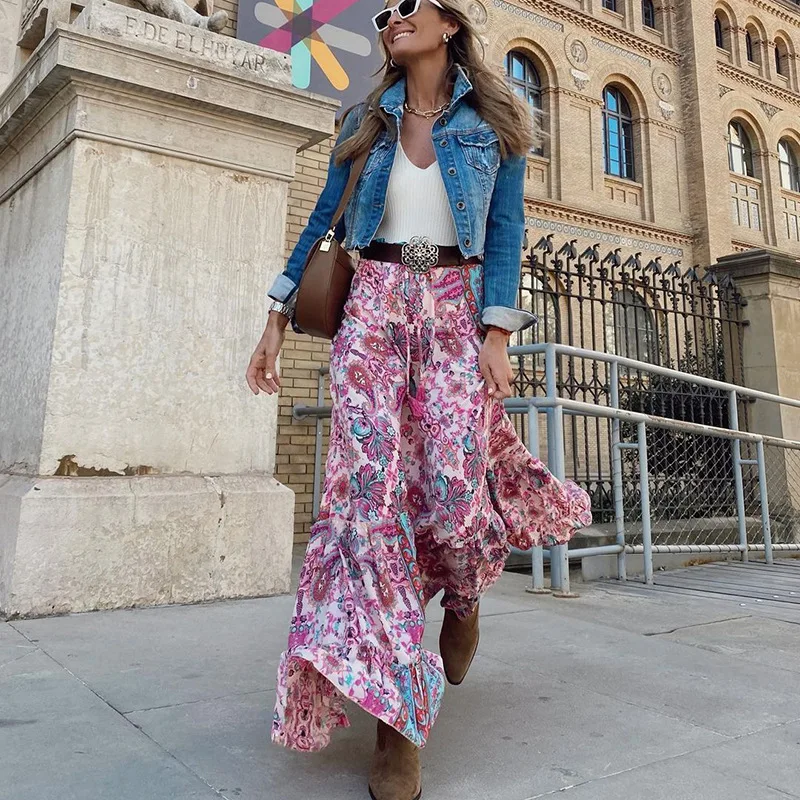 

Summer High Waist Long Printed A-Line Skirt Floral Skirt Women Casual Beach Faldas Female Boho Elastic Waist Holiday Maxi Skirts