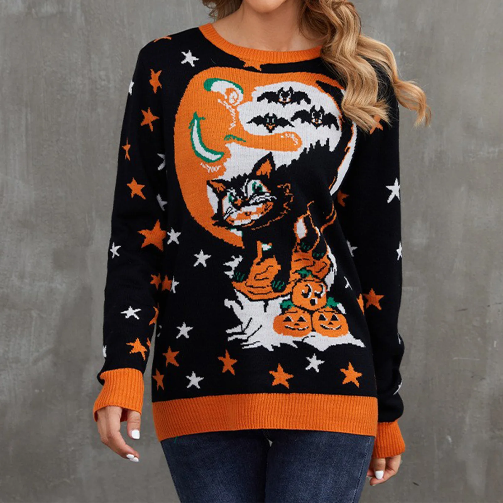 

Warm Pullovers Long Sleeve Crew Neck Oversized Sweater Casual Style Women Halloween Cat Sweater Loose Fit Knitted Daily Outfit