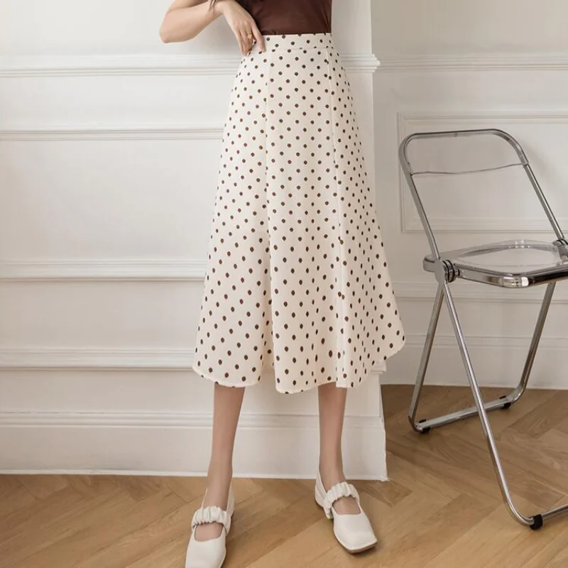 

Women 2021 Summer A-line Casual Long Skirts New Retro Polka Dot Print High Waist Mid-length Skirt Office Lady Elegant Clothing