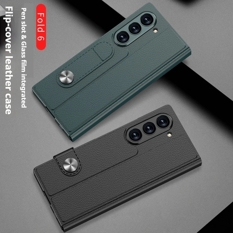 Роскошный кожаный флип-чехол для Samsung Galaxy Z Fold 6 со слотом ручки стеклянная защита