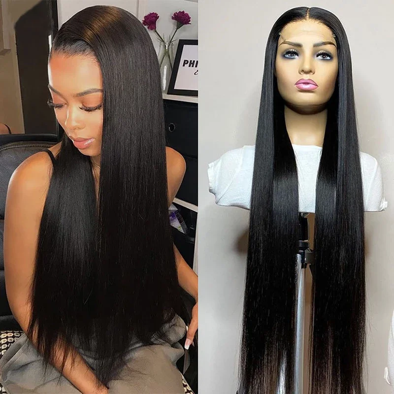 

Brazilian Hair Pre-Stretched Baby Hair Wigs for Black Women 28Inch Natural Color Straight Hair 13x4 Sheer Front Lace 150 Density