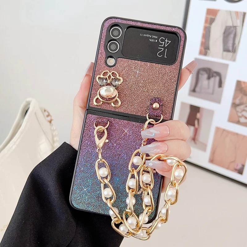

HOCE Glitter Colorful Phone Case For Samsung Galaxy Z Flip 4 Flip 3 With Pearl Chain Cases For Z Flip4 Flip3 Diamond Bear Cover