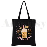 bubble milk tea canvas tote black bags harajuku casual female girl tote eco shopper boba milk tea cute cartoon shoulder bags