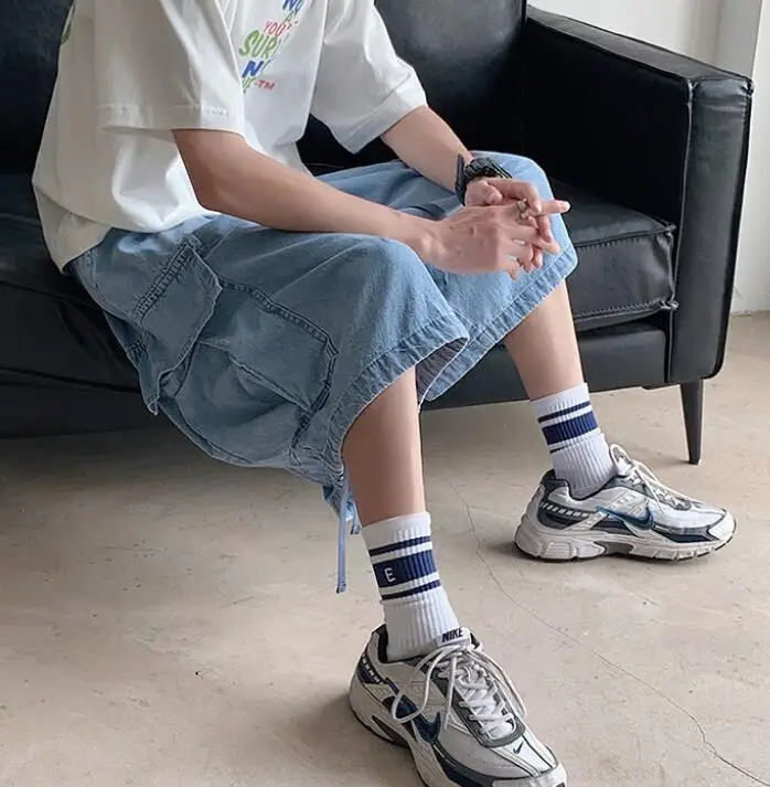 Wide Leg Denim Shorts Men's Summer Hip-Hop Loose Five-Point Street Shorts High Street Cargo Jean Shorts