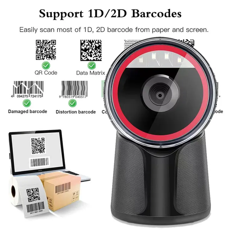 

2D Barcode Scanner Desktop Omnidirectional Hands-Free Barcode Reader Wired USB 1D QR Screen Automatic Scanning Platform for Pos