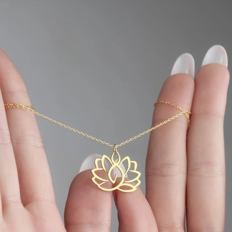 

Stainless Steel Necklace Hollow Lotus Flower Pendant Necklace Palm Buddhism Symbol Amulet Yoga Healing Charms Birthday Gift