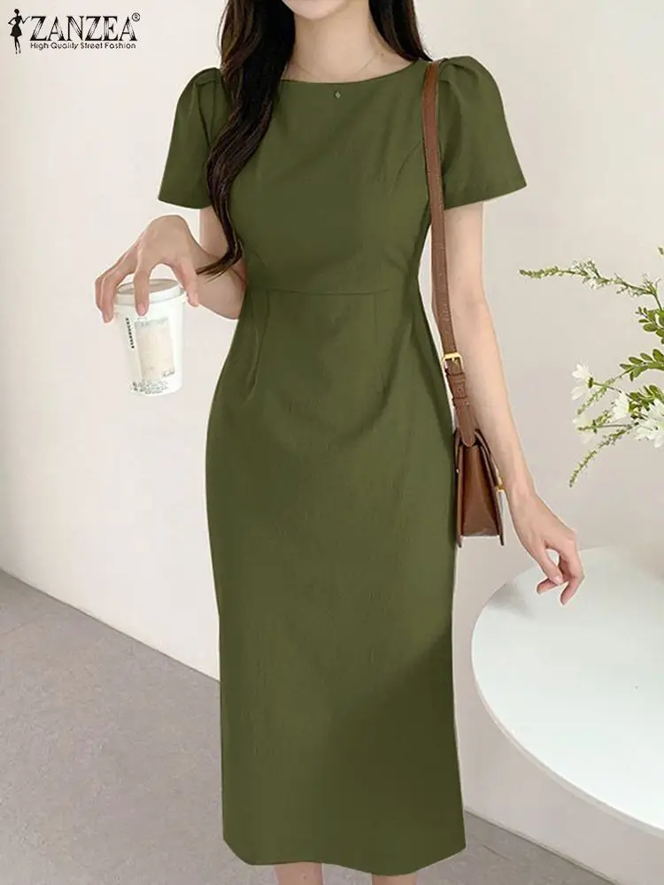 

Модный однотонный рабочий сарафан ZANZEA с разрезом на подоле, лето 2022, женское элегантное офисное платье с коротким рукавом, платье до середин...