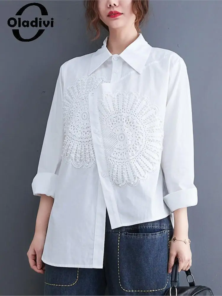 

Oladivi Large Size Women Long Sleeve Beading Embroidery Blouses 2022 Spring Autumn Shirts Casual Loose Tops Oversized Blusa 7921