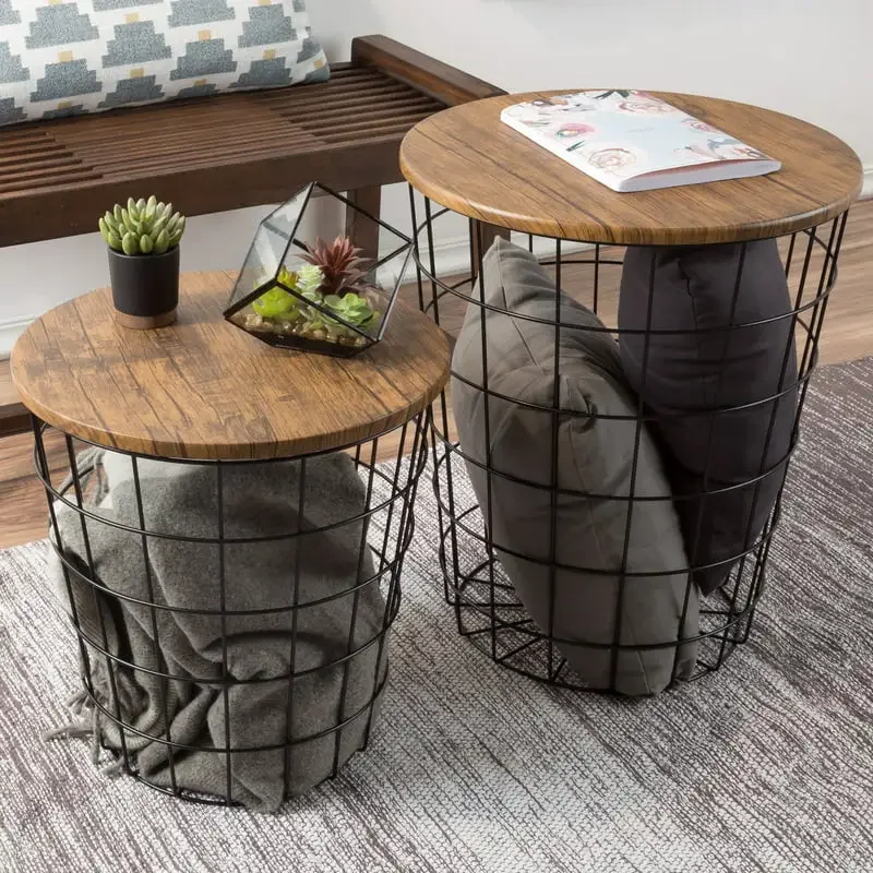 

Nesting End Tables with Storage- Set of 2 Round Metal Baskets By (Chestnut)