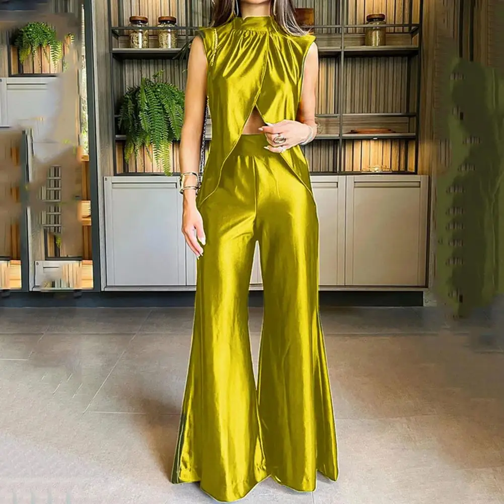 

Women Satin Vest Pants Set Vest Flared Pants Set Elegant Satin Vest Wide Leg Pants Set for Women Chic O-neck Outfit