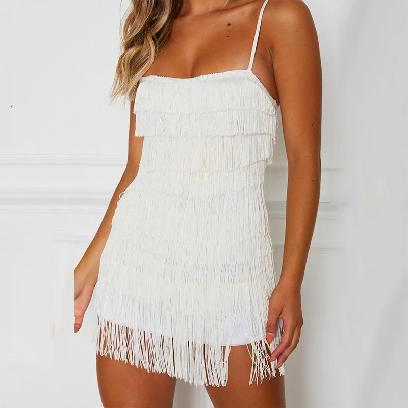 

Sexy Summer Fringed Dress Women's Beach Dress Suspenders Strapless Low-cut Short Fringed Party Dress Sexy Club Clothes Vintage