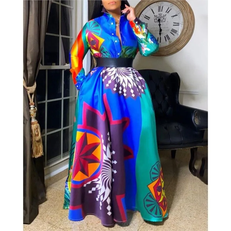 Fashion Shirt Long Dress Autumn Loose Party Muslim Abaya Big Swing African Dresses For Women Full Sleeve Button African Clothes