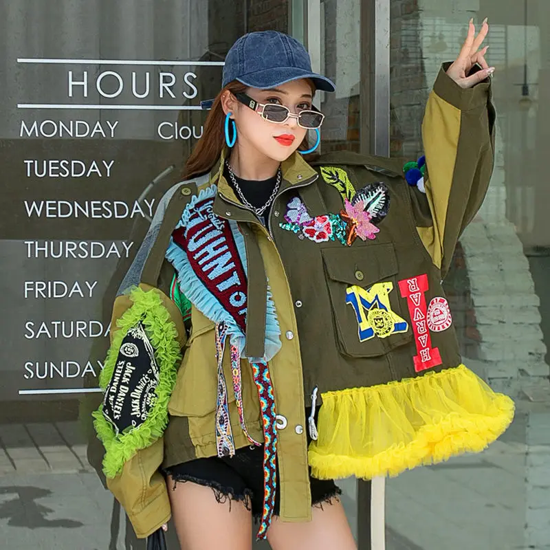 Colorblock Patchwork Denim Jacket Women Coat Army Green Lace Mesh All-match Short Jackets Stand Collar Loose Autumn Outwear