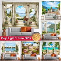 tapestry beautiful scenery outside the window beach grass castle wall hanging tapestries boho wall carpet photography background