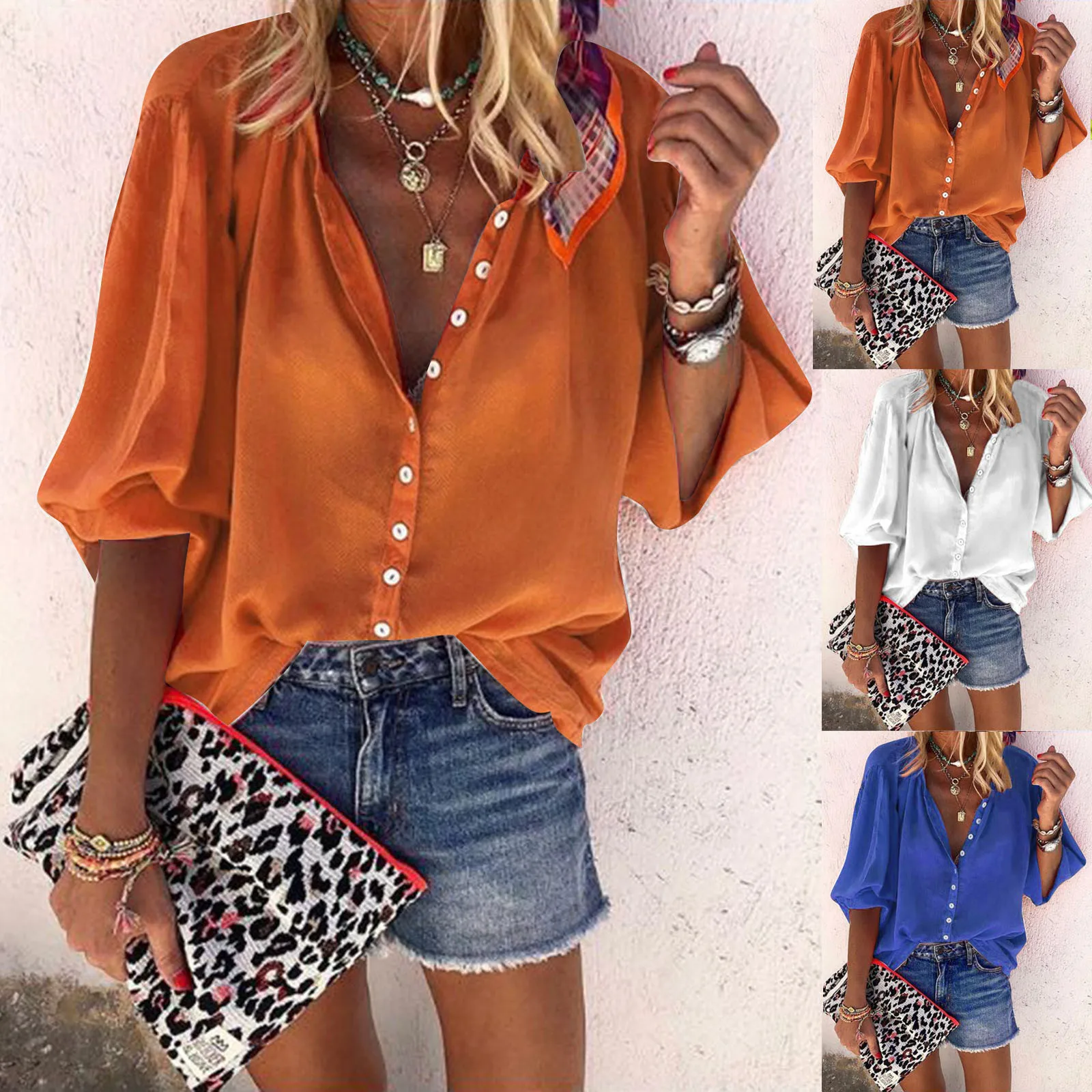 

Ladies Smooth Casual Dress Elegent Office 2023 Summer New Solid Color Long Sleeve V-Neck Button Women's Shirt