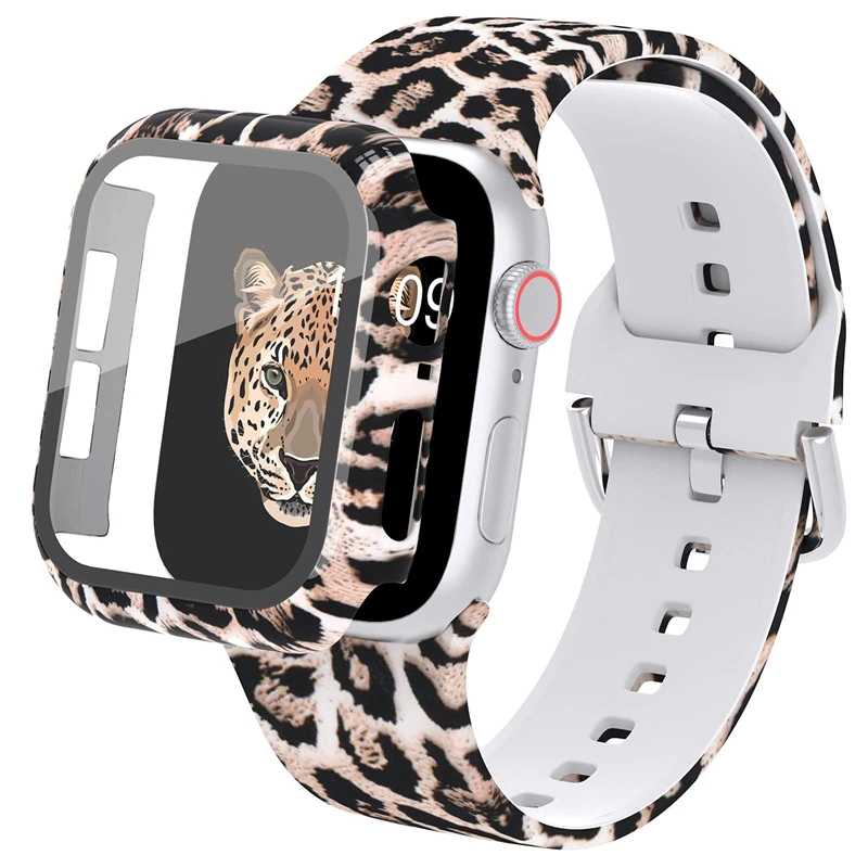 

Леопардовый чехол и ремешок для Apple Watch Band 44 40 41 45 38 мм 42 мм, силиконовый браслет для iWatch Series 7 6 SE 5 4 3 2