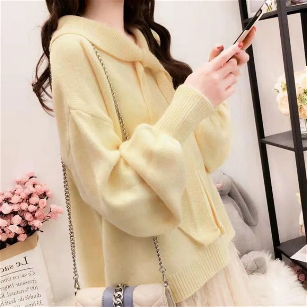 

Women's Sweater New 2022 Japan Korean Casual Solid Color Bow Neck Autumn Spring Ladies Tops Fashion Long Sleeve Female Clothing