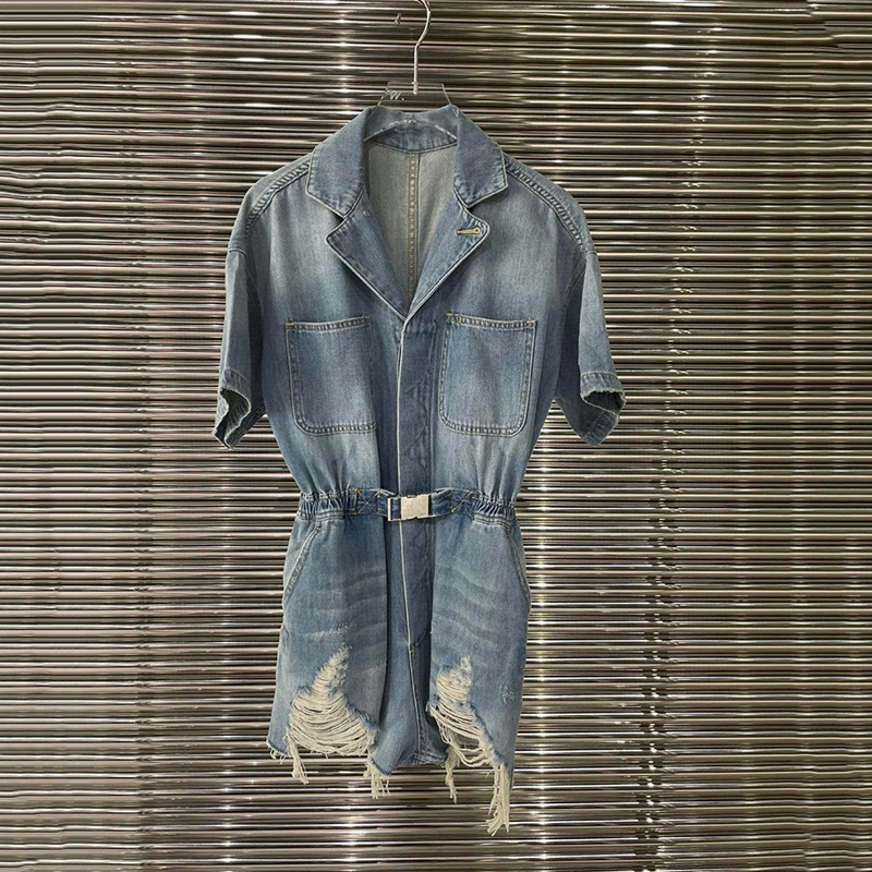 

2022 autumn new fashion temperament all-match casual ripped hole raw edge stitching belt multi-pocket wide-leg one-piece shorts