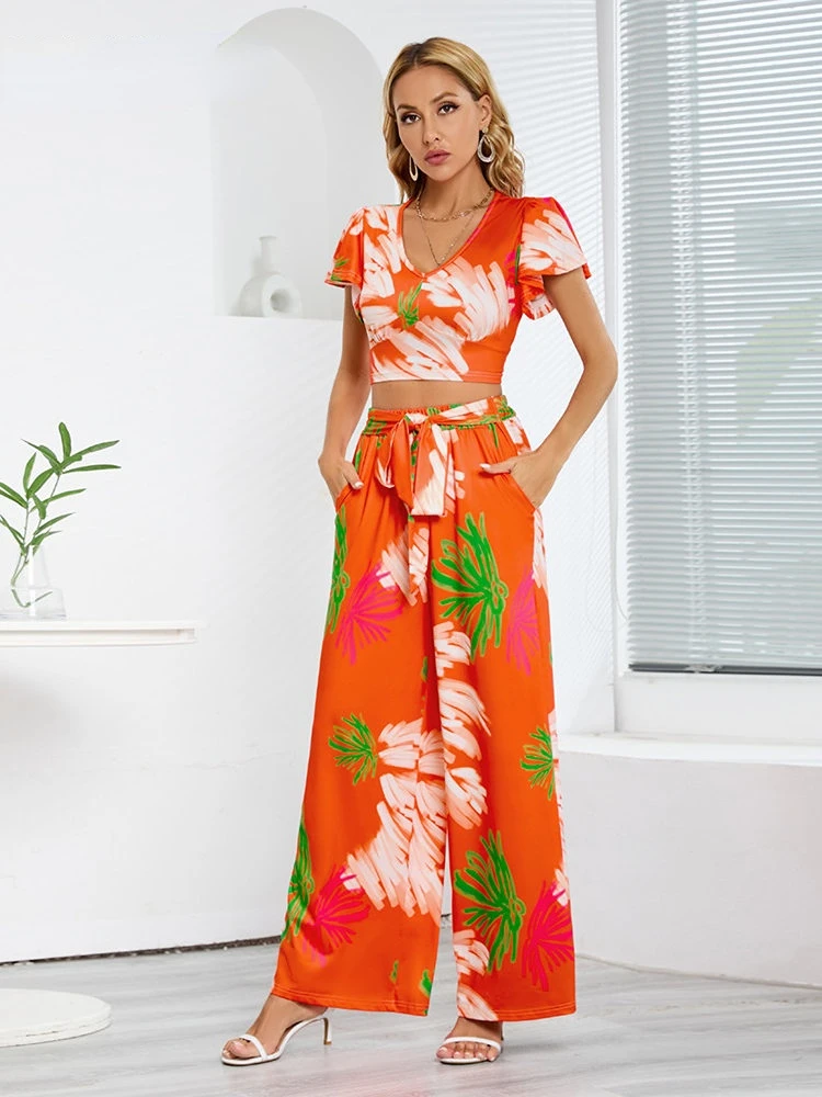 

Women's Suit New In Summer Outfits for Women 2023 Short Sleeve Top Wide Leg Trousers Two Piece Sets Womens High Quality Outifits
