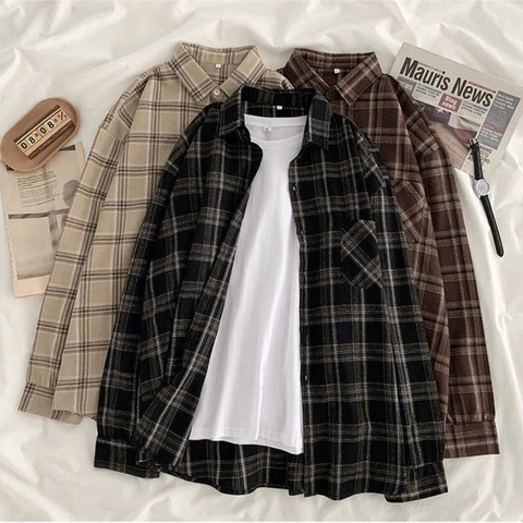 3XL Women Shirts Baggy Plaid Long Sleeve Chic Fashion Simple Casual New Females Spring Tops All-match Streetwear Retro Ulzzang