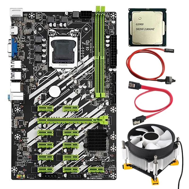 

B250 BTC Mining Motherboard with G3900/G3930 CPU+CPU Fan+SATA Switch Cable 12 PCI-E Slots LGA1151 DDR4 RAM SATA3 USB3.0