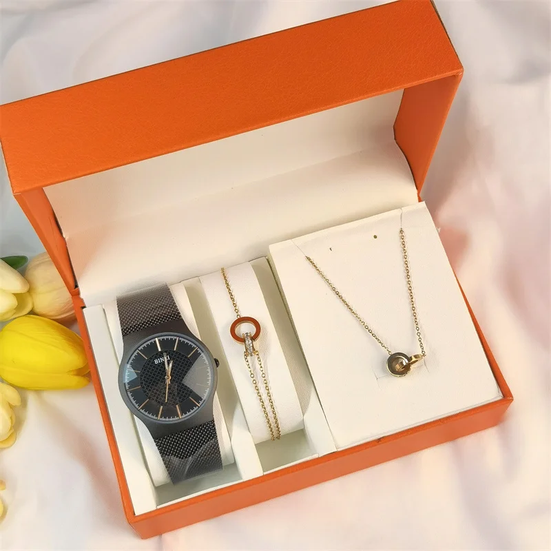 Fashion Hot Sale Waterproof Couple Steel Strap Watch Set Bracelet Necklace Men Women Student Calendar Rose Gold | Наручные часы