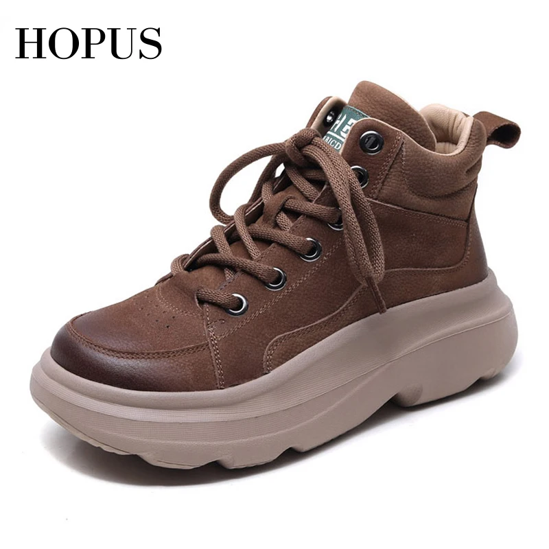 

HOPUS Ankle Boots Woman Winter 2023 New Round Toe Breathable Lace-up Casual Shoes For Women Genuine Leather Platform Boot Female