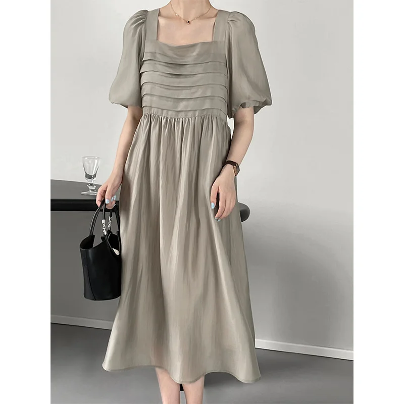 

Pleated Square Neck Bubble Sleeve Dress Summer Short Sleeve Women's High Waist Dress