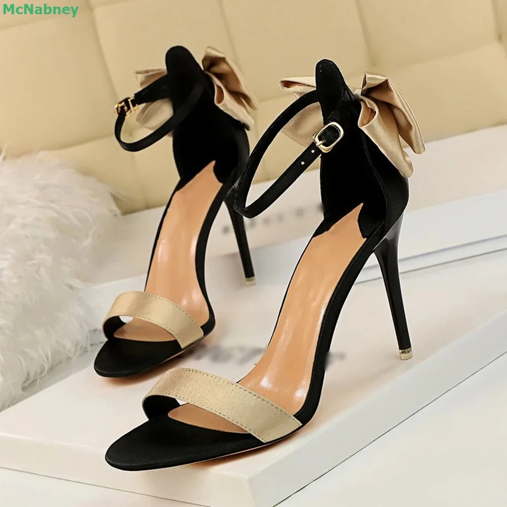 Butterfly-knot Ankle Buckle Strap Sandals Mixed Colors Round Toe Thin High Heel Shallow Sweet Simple Design Classics Summer Shoe