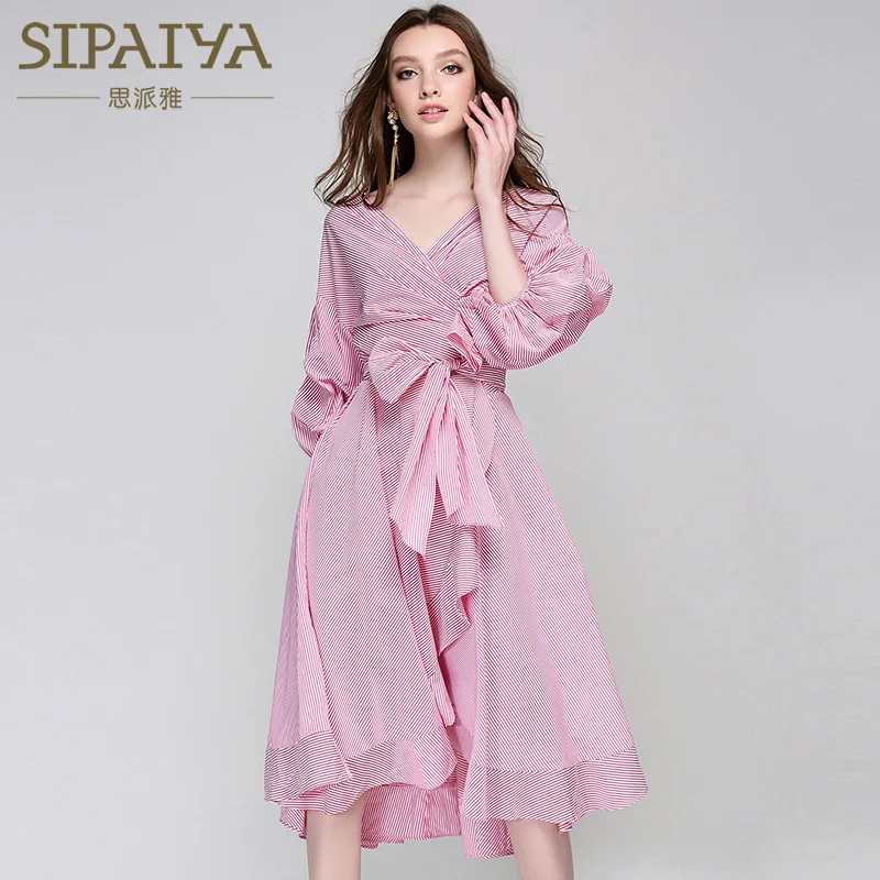 

SuperAen 2022 Summer New Sexy V-neck Fashion Loose A Line Puff Sleeve Striped Bow Dress for Women