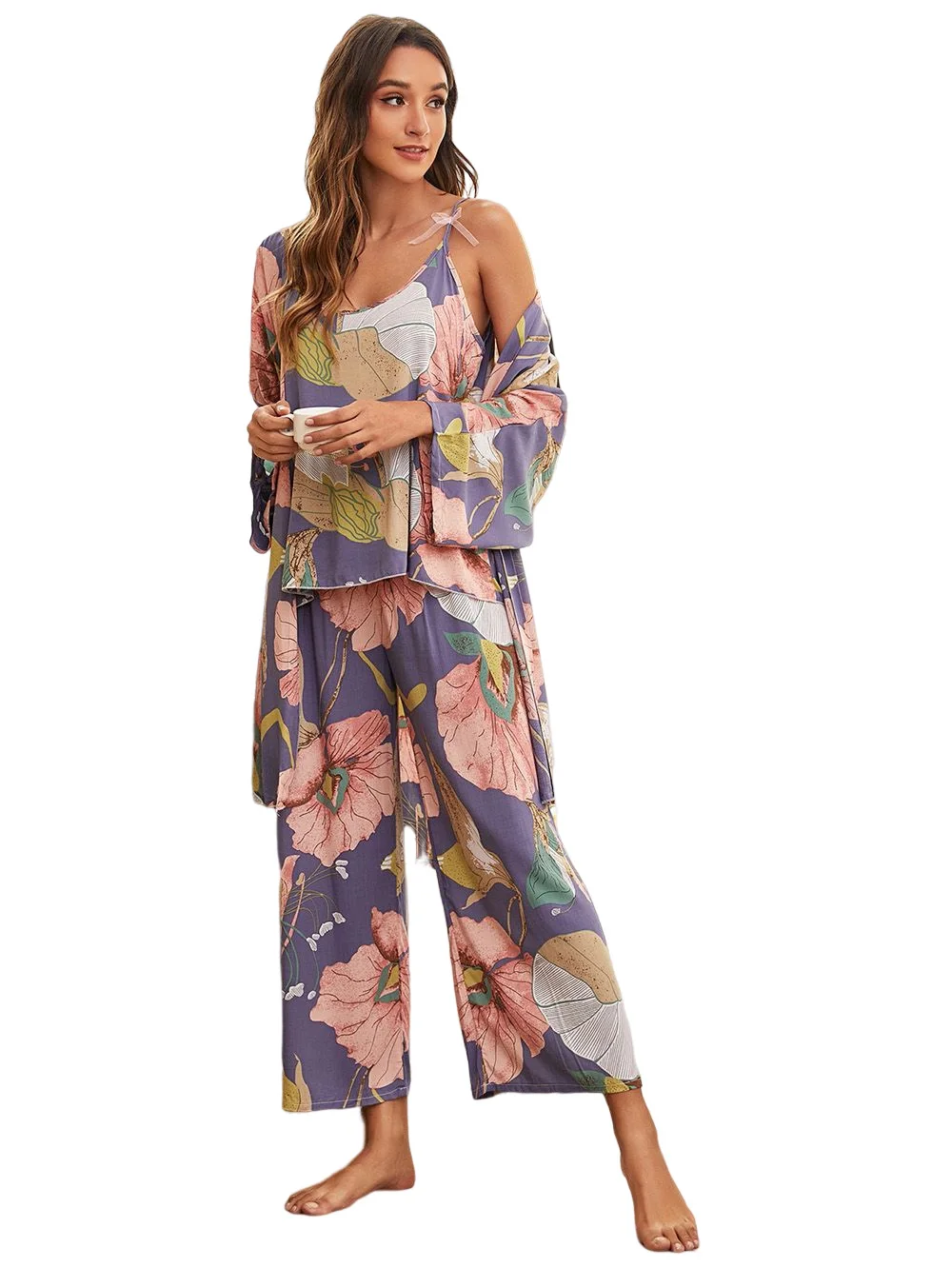 Women Spring and Autumn Comfortable Soft Home Suit Robes with Pants Pajamas Set Sleepwear Cotton Viscose Ladies 3pcs Pajamas Set