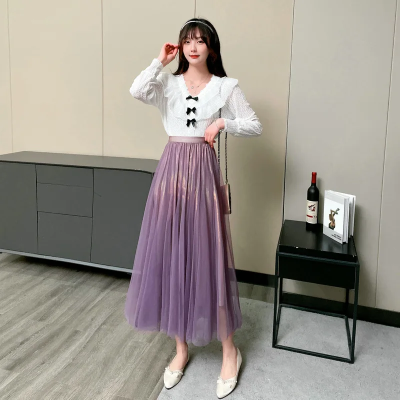 Blue Purple Maxi Long Tulle Skirt Spring Summer Pleated Skirt Women New Vintage High Waist Mesh A-line Skirts Lady