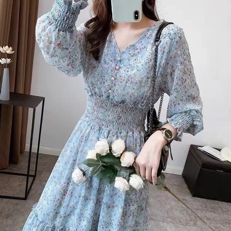 

Vintage Korea Fashion Clothing Slim Elastic Waist A Line Dress V Neck Elegant Lady Floral Chic Chiffon Long Dresses Retro E44