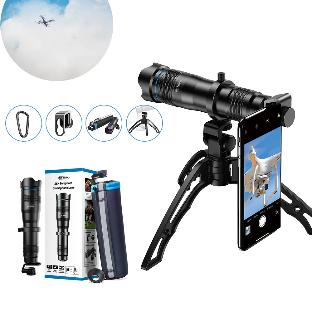 

APEXEL Mountaineering HD Telephoto Lens Series 28X 36X 60X Zoom Phone Monocular Telescope Lenses+Mini SelfieTripod For Smartphon
