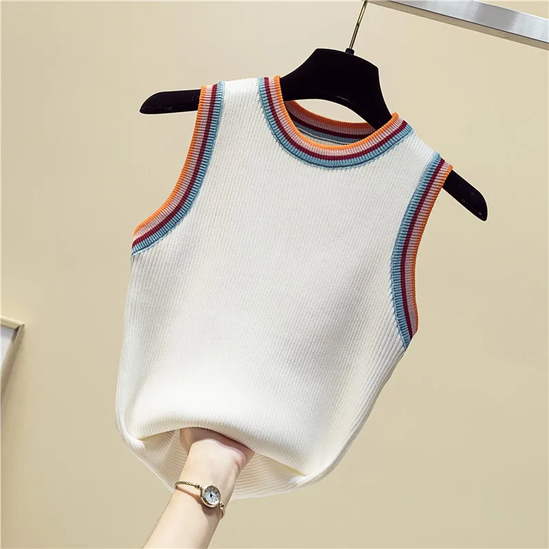 

Suspended Vest Women's Summer Thin Sleeveless Neck Fitting Rainbow Stripe Knitted Top T-shirt Fashion
