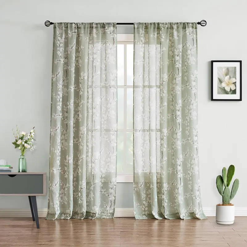 

Spring Green Sheer Curtain for Living-Room 84" Linen Window Panels 50"wx2Pc Rod Pocket