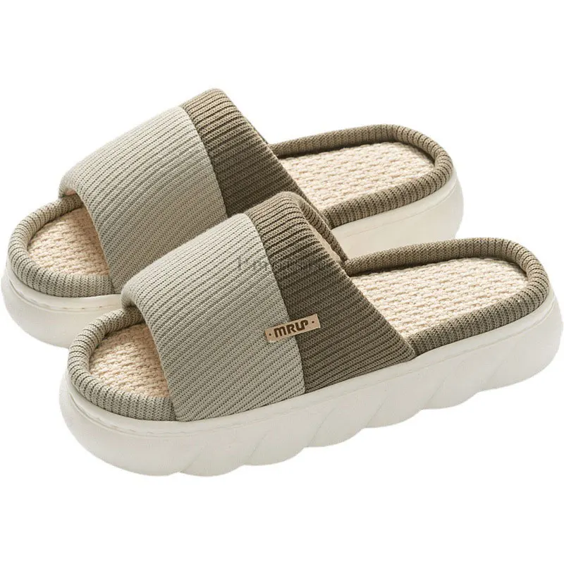 Female Indoor Slippers Striped Mix-color Shoes for Women Home Slides Open Toe Thick Sole Slippers Woman Linen Flat Shoes Comfort