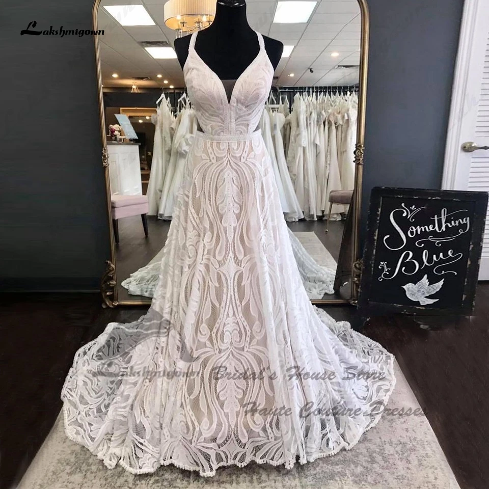 

Lakshmigown винтажное кружевное свадебное платье в стиле бохо 2023 Vestidos Noivas V-образный вырез пикантное пляжное розовое свадебное платье с открытой ...