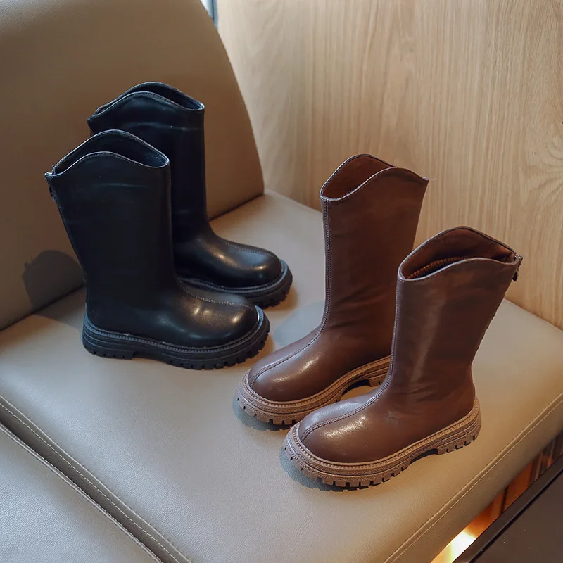 

Girls High Boots Children's Simple Solid Color Japanese Style 2022 New Autumn Princess Plush Simple Classic Cool Chic Back Zip