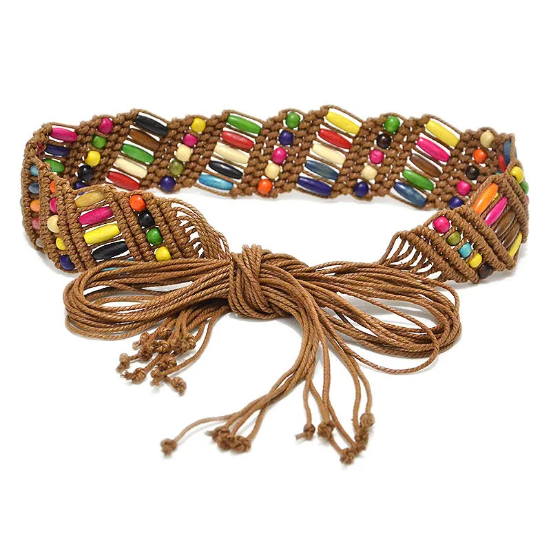1PC Belts for Women Ethnic Wooden Bead Waistband Women Braided Belt Tassels Rope Fashion Casual Colourful Women's Belt