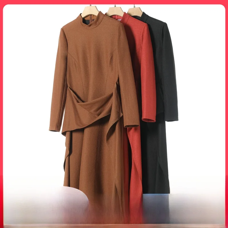 089 40% флис [подъемник] Зимнее длинное платье с воротником-стойкой на талии 837