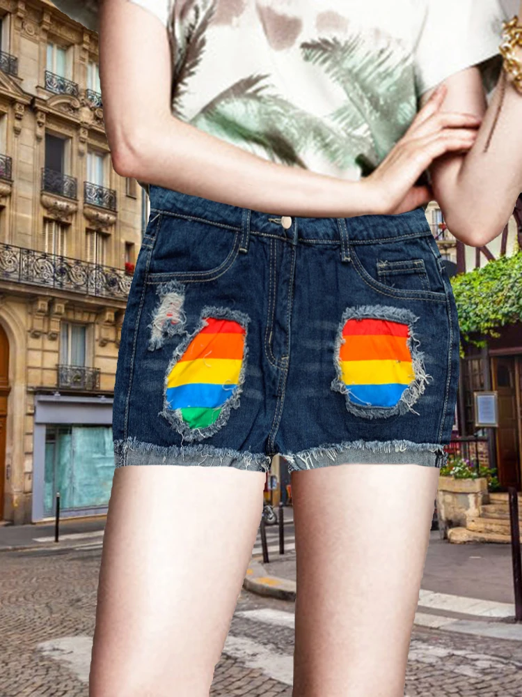 

Ripped Rainbow Print Summer Denim Hot Shorts