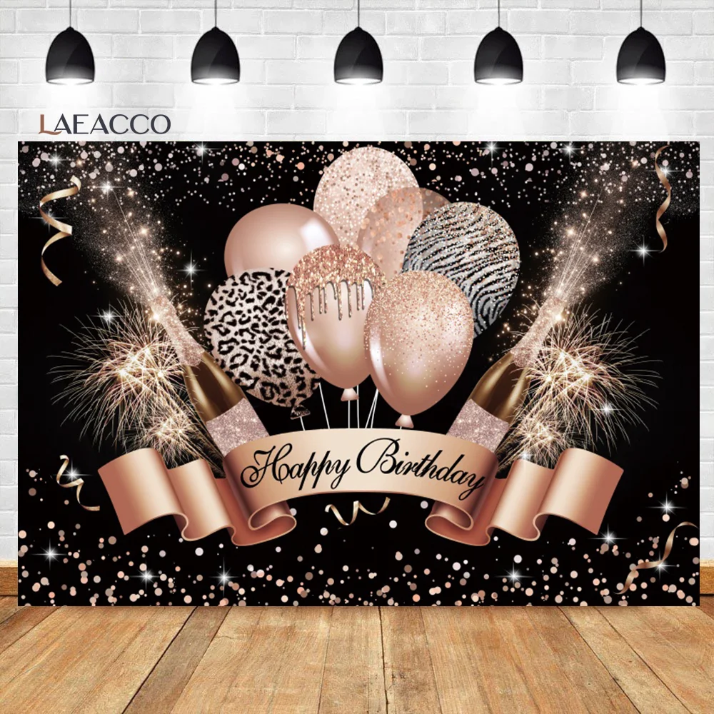 

Laeacco Black And Gold Balloon Happy Birthday Background Glitters Champagne Adults Kids Portrait Csutomized Photography Backdrop