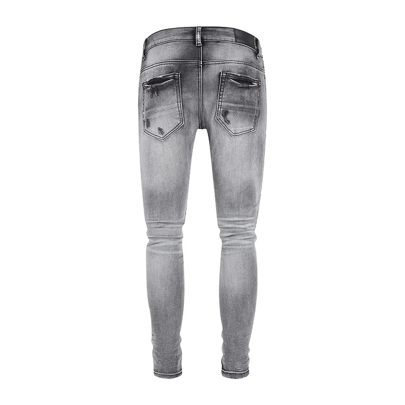 Street Fashion Men Jeans Retro Gray Elastic Stretch Skinny Ripped Jeans Men Yellow Patched Designer Hip Hop Brand Pants Hombre