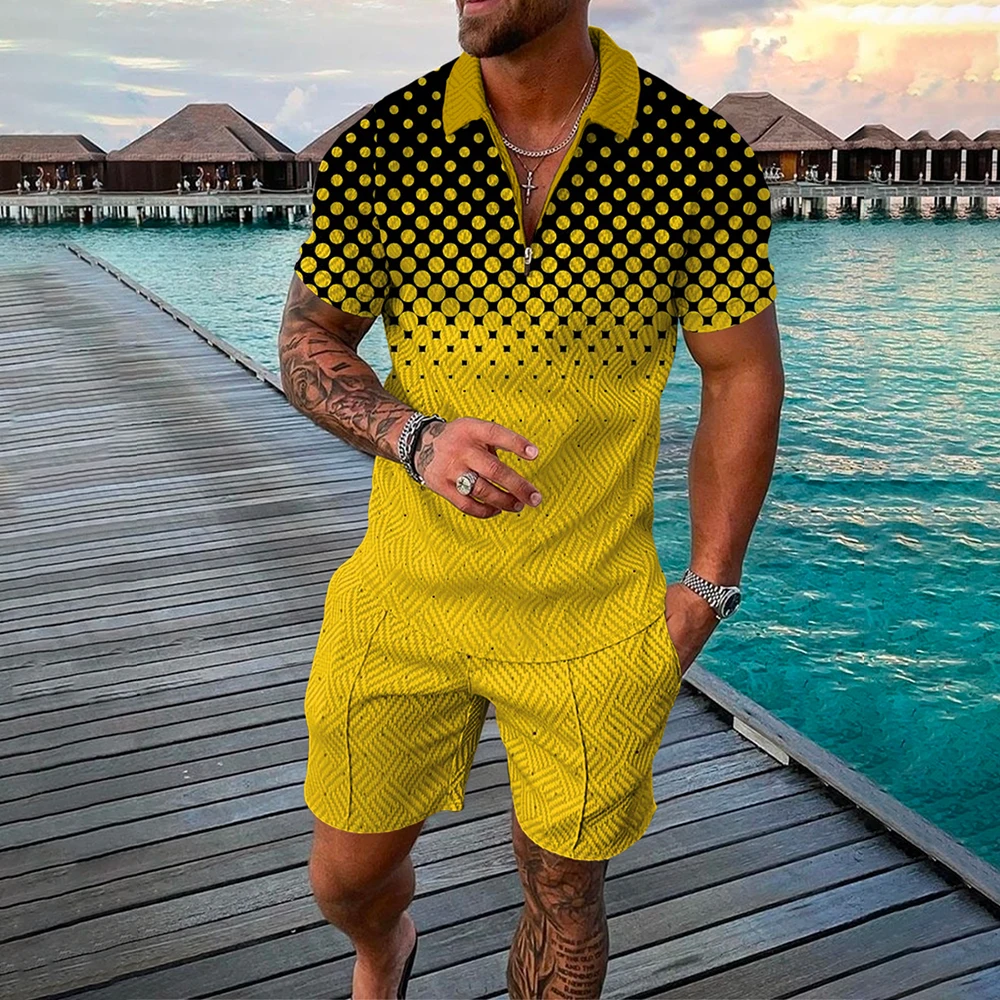 Summer Short sleeved Polo Shirt Beach Shorts 2 Piece Sets Tracksuit Men's Oversized 3D Printed Casual Sports Suit