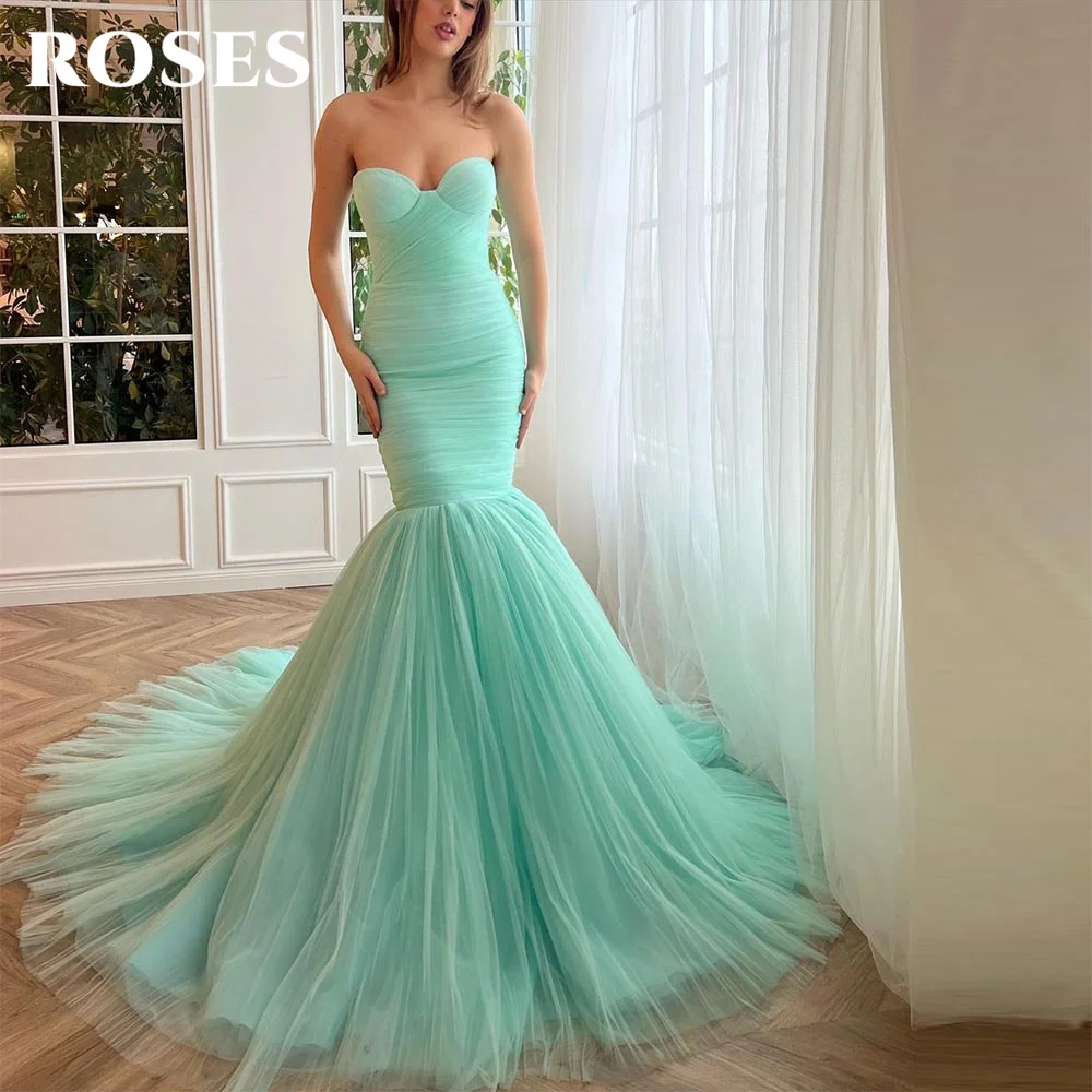 

ROSES Mint Green Tulle Mermaid Sexy Prom Dresses Sweetheart Sleeveless Pleat Ruched Saudi Arabic Party Evening Gowns Dress 2023