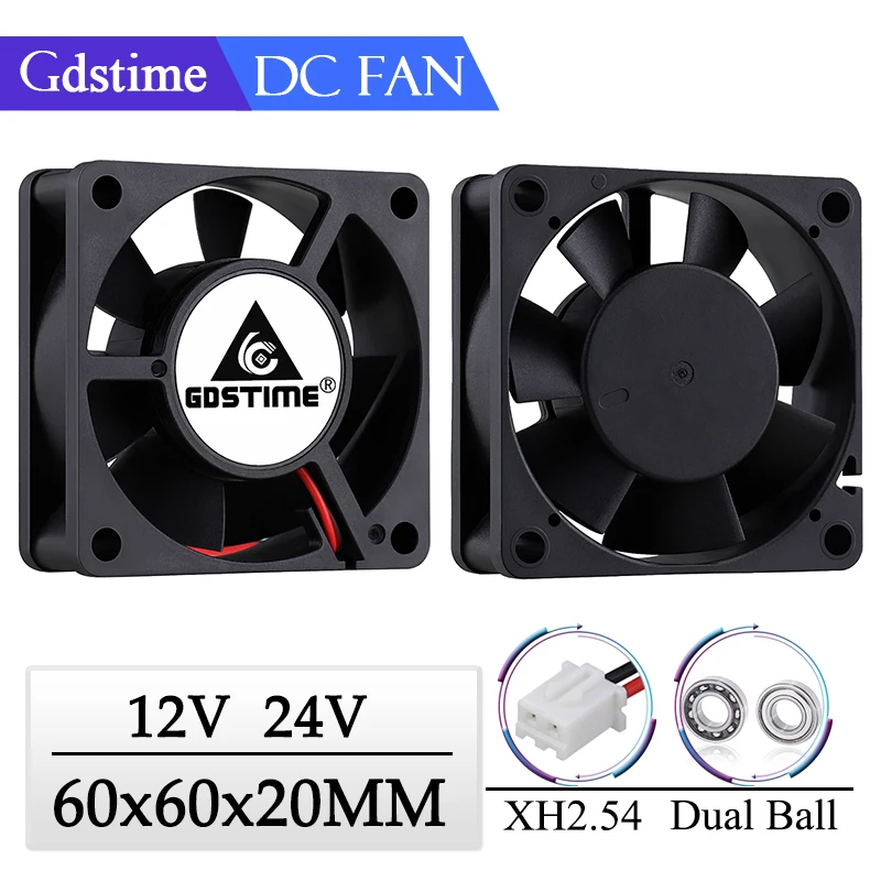 Gdstime-ventilador para Impressora 3d Esfera Dupla de Resfriamento 60 mm x 60×20 mm 6020 12v 24v 20 mm x 20 mm Equipamento de Máquina sem Escova Motor dc Peças