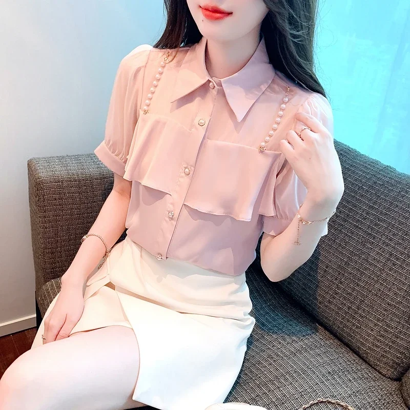 Женская шифоновая блуза с коротким рукавом отложным воротником и бисером