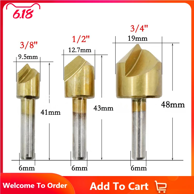 

3Pcs Single Flute 90 Degree Edge Chamfer 3/8 1/2 3/4 Inch High Carbon Steel Titanium Coated Countersink Drill Bit